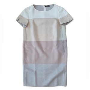 Loro Piana Cream, Soft Pastel Tan Color Block Stripe Cashmere Short Sleeve Dress